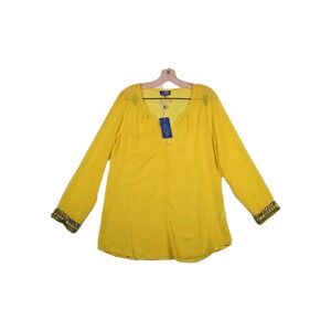 Modern Moda Women's Size Large Yellow Sheer‎ V Neck Button Shirt New
